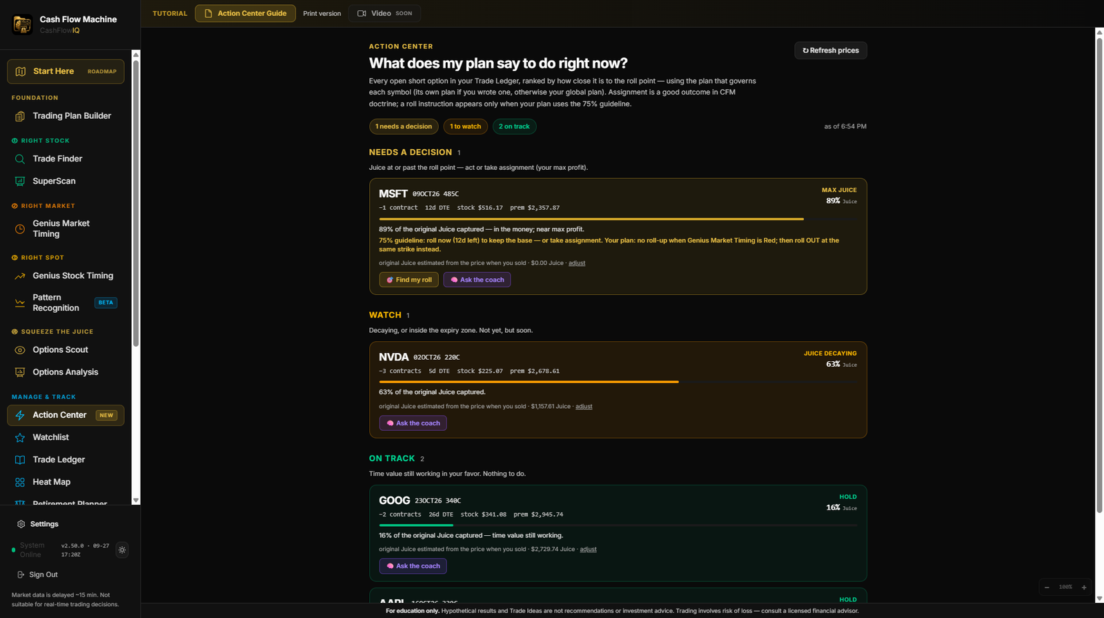 CashFlowIQ Action Center screen
