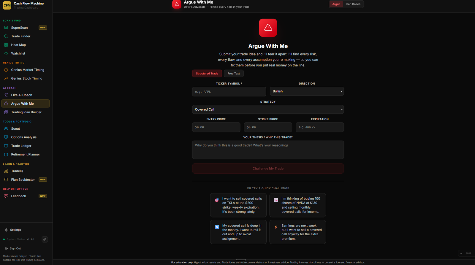 Elite AI Coach + Argue With Me interface