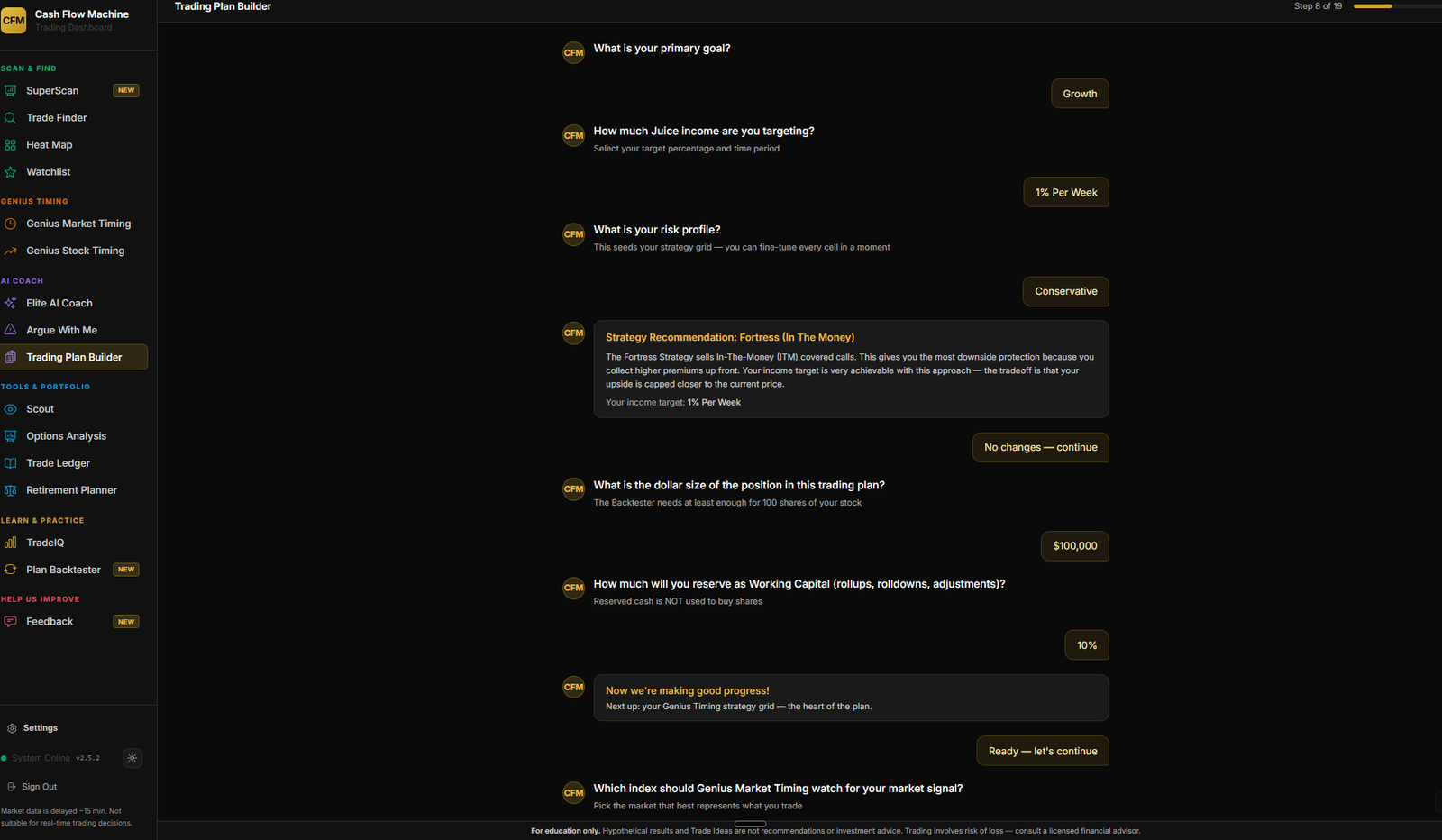 Trading Plan Builder + AI Coach interface