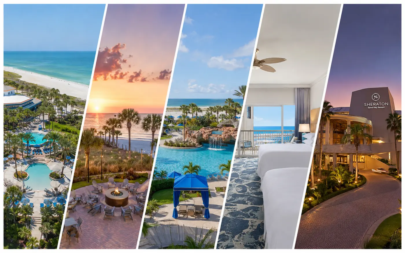 Sheraton Sand Key Resort beach, pool, guest room and entrance