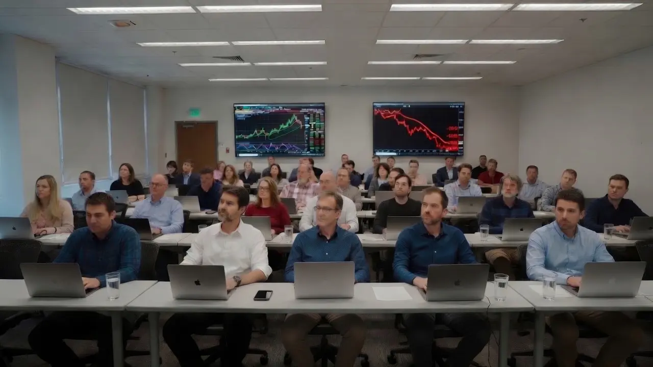 A large conference room of traders following the presentation with laptops open