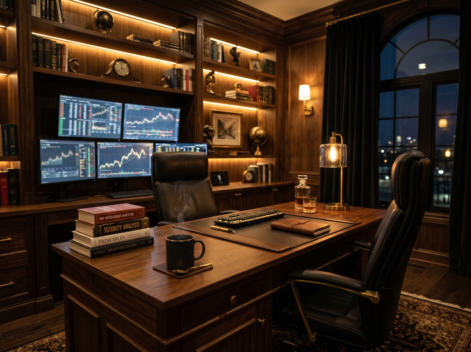 Private home office with covered call trading screens