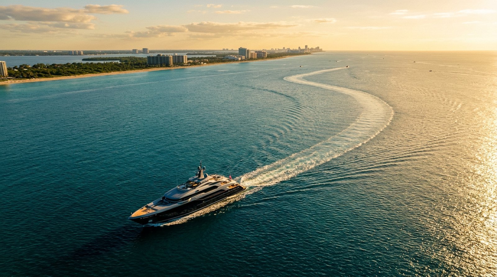 Covered call assignment avoidance - aerial view of a yacht cruising calmly past distant ships at golden hour