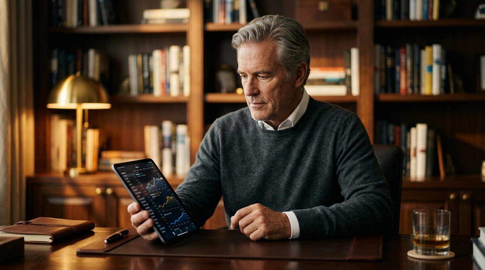 A 60-year-old retiree at a mahogany home-office desk studying covered call positions on a tablet under warm cinematic lighting