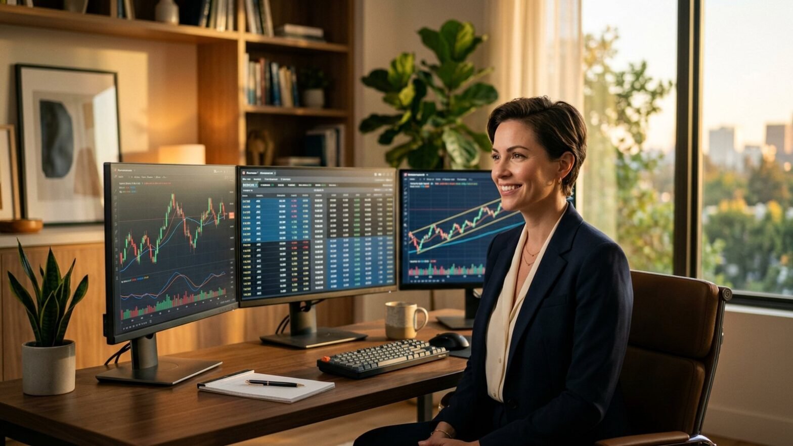 Confident woman at a multi-monitor home trading desk reviewing covered call income for FIRE
