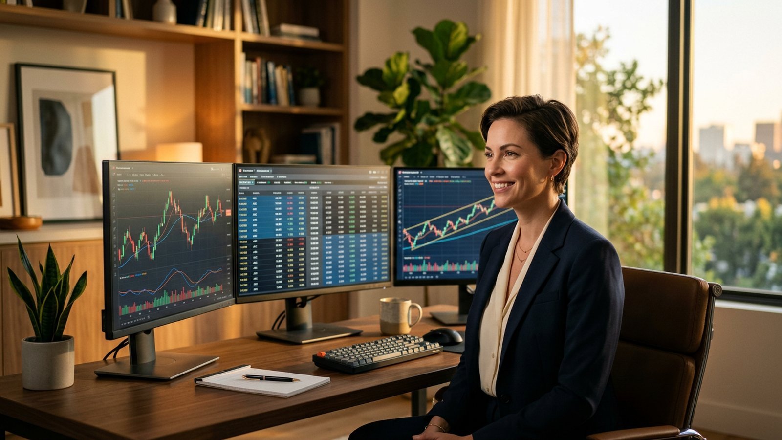 Confident woman at a multi-monitor home trading desk reviewing covered call income for FIRE