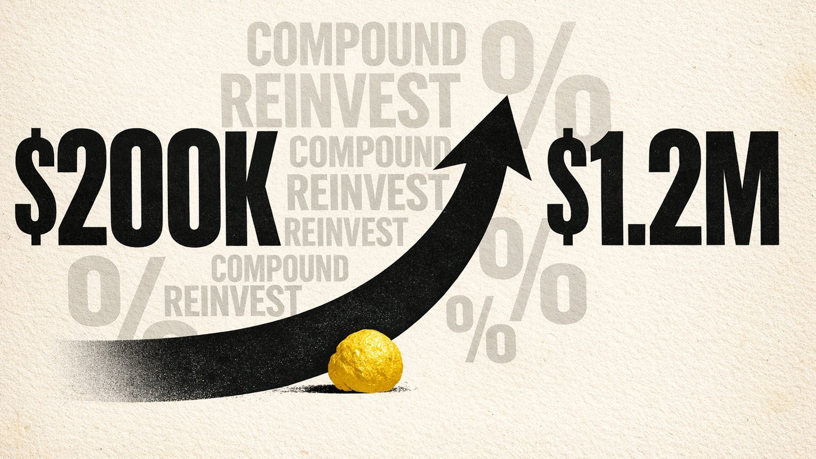 Bold typographic concept poster showing large numerals and percent signs symbolizing covered call income reinvestment and compounding growth