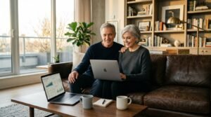 A relaxed retired couple in a sunlit living room reviewing covered call positions together on a laptop with calm confidence