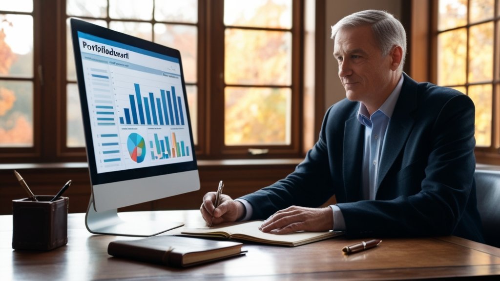 Investor reviewing covered call portfolio allocation at desk