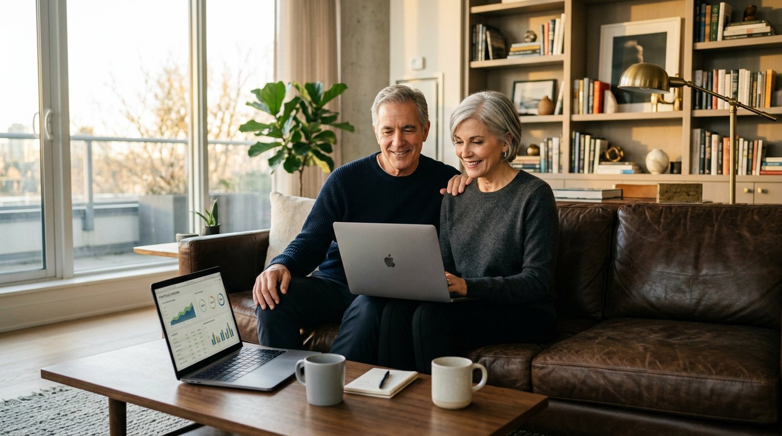 A relaxed retired couple in a sunlit living room reviewing covered call positions together on a laptop with calm confidence