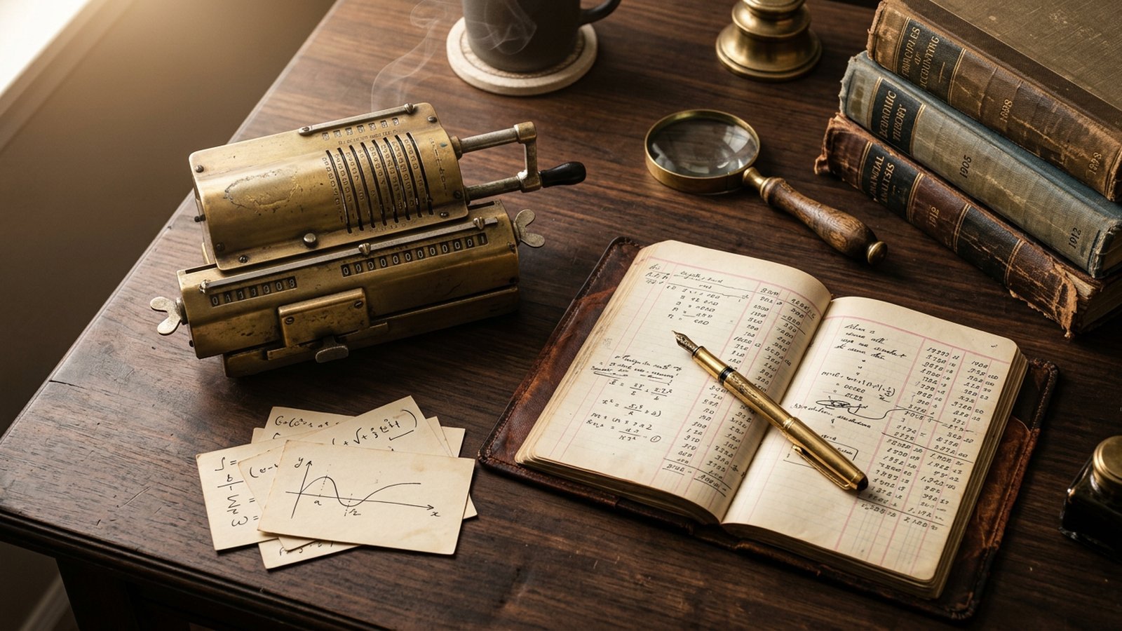 Conceptual still life of a vintage brass calculator, an open leather ledger, and a fountain pen on dark walnut illustrating covered call premium calculation