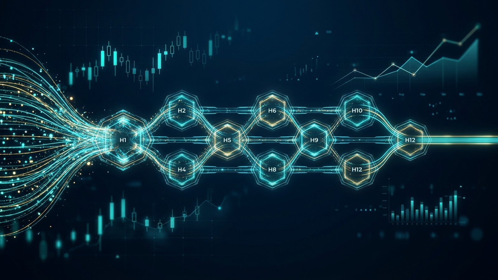 Abstract data visualization showing a covered call selection checklist with twelve filtered data streams