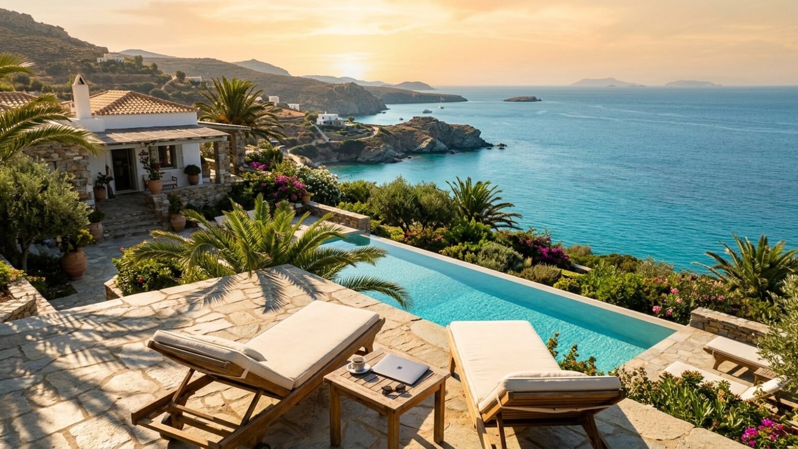 Aerial view of a Mediterranean villa with infinity pool overlooking the sea, symbolizing covered call strategy for early retirement