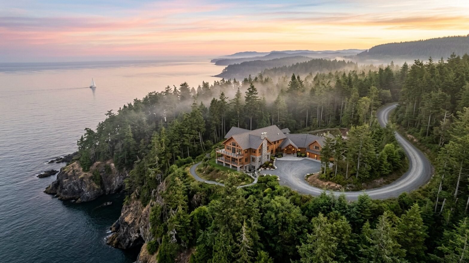 Aerial view of a coastal retirement home on a forested cliff at sunrise, illustrating covered call vs annuity for retirement income