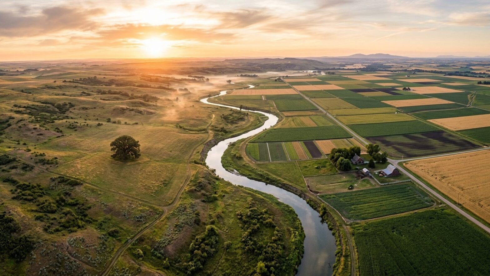 Aerial drone view of a vast Midwest landscape divided by a river showing wild grassland on one side and cultivated geometric fields on the other, symbolizing covered call vs buy and hold returns