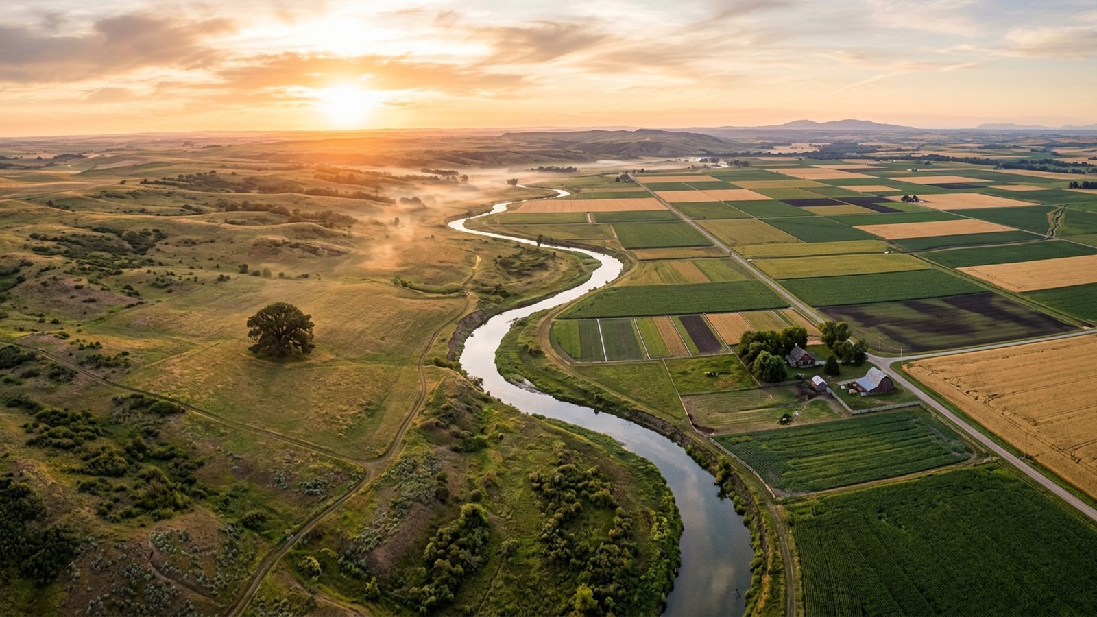 Wide aerial drone photograph of a vast green agricultural landscape divided into geometric income-producing fields, illustrating the steady cash flow of a covered call vs buy and hold returns comparison