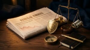 Conceptual still life with a financial newspaper, brass shield, balance scale, and stacked coins representing covered calls during a recession