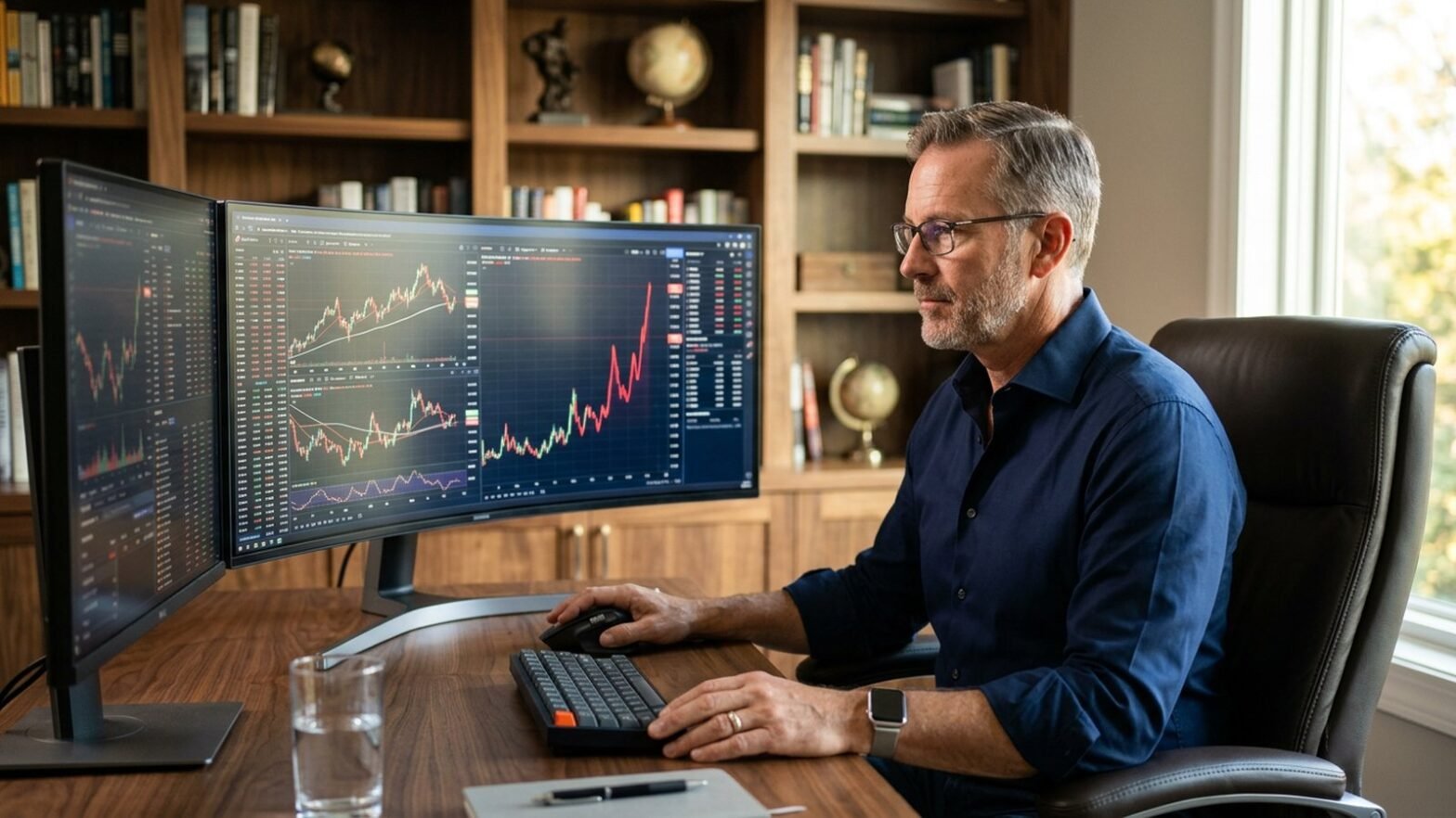 Confident investor at multi-monitor home office trading desk watching VIX volatility chart spike, illustrating covered calls in a volatile market
