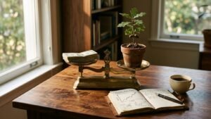 Brass balance scale weighing cash against an oak seedling, symbolizing covered calls on dividend aristocrats stacking premium on dividend growth