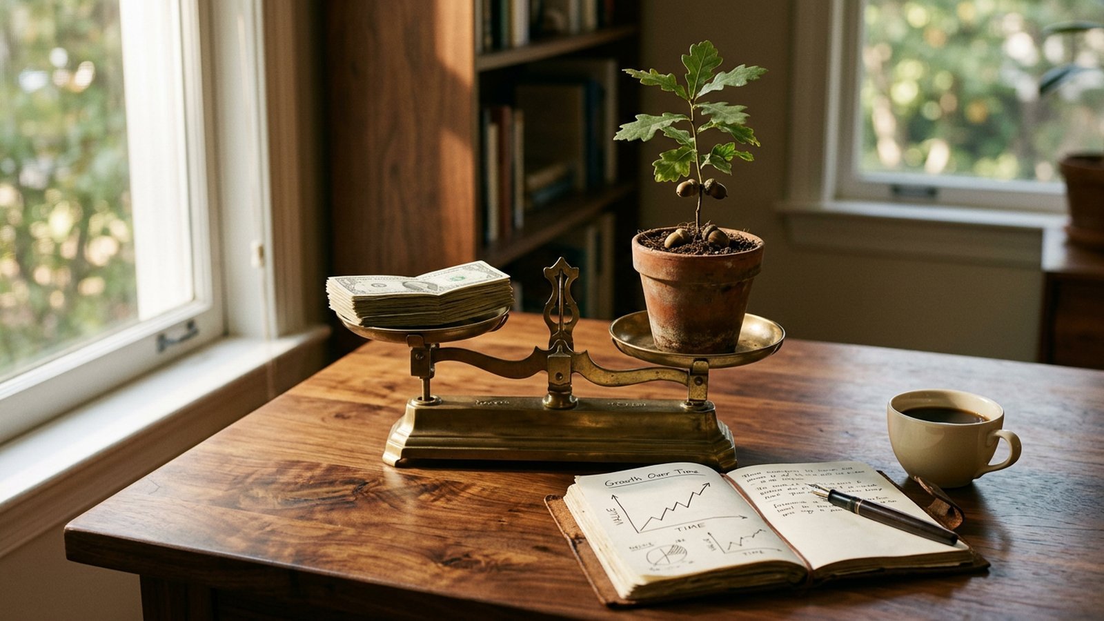 Covered calls on dividend aristocrats: brass scale and oak seedling on walnut desk