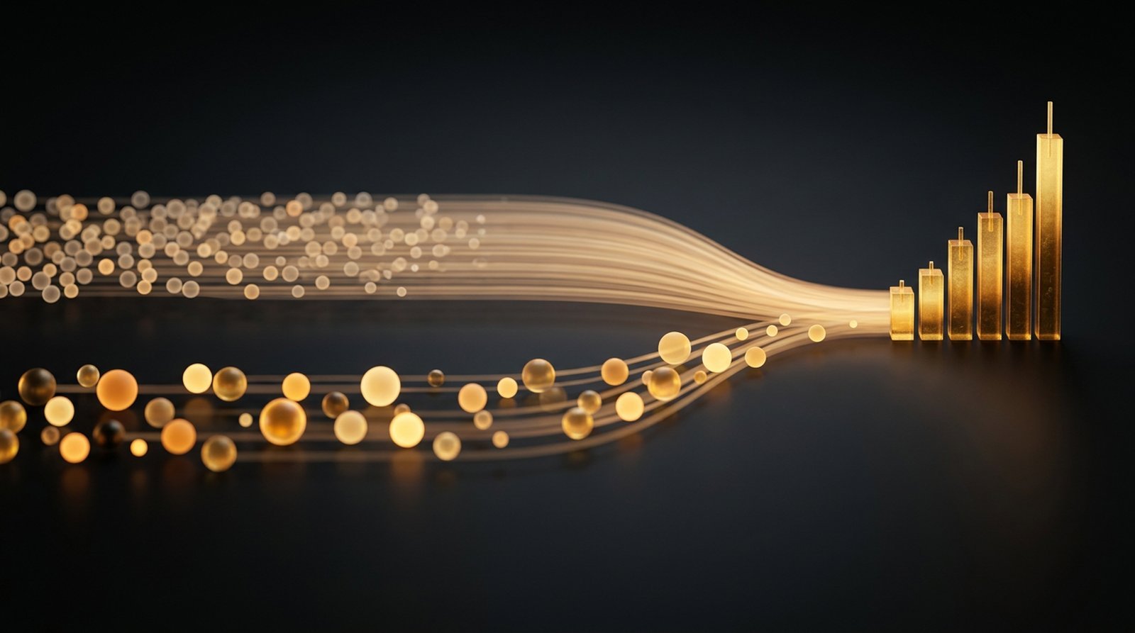 Two glowing data streams of small orbs converge into gold income bars, representing the choice between covered calls on ETFs and individual stocks