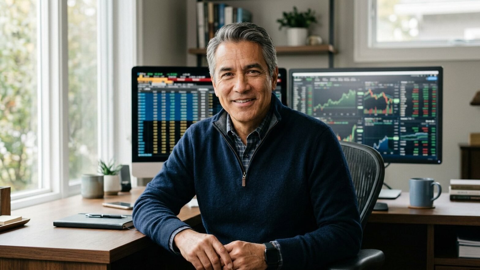 Mark Yegge style advisor at desk with options chain monitors, comparing ITM vs OTM covered calls