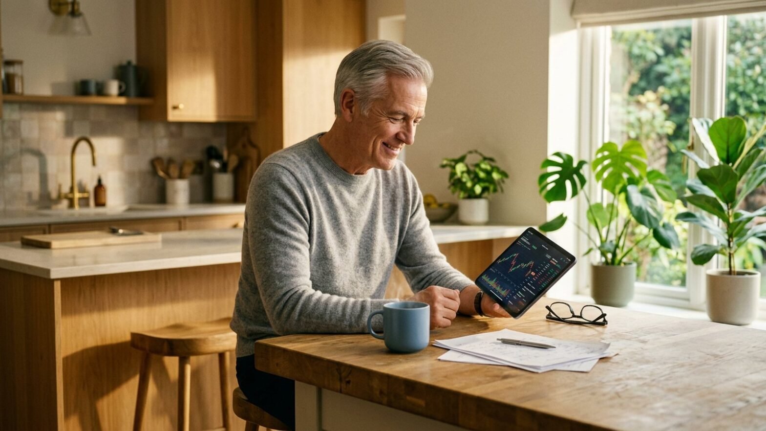 Mature investor at a sunlit kitchen table reviewing year-end tax planning notes for tax loss harvesting with covered calls