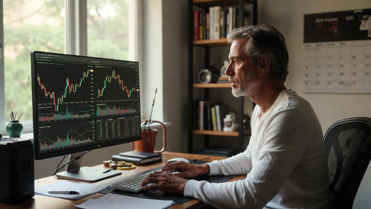 A serious income trader reviewing positions at their home office