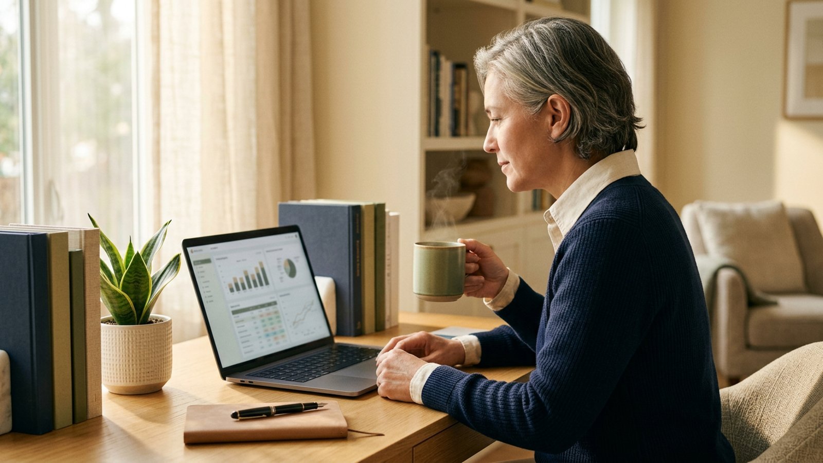 Investor lifestyle scene of a mature professional reviewing a multi-position covered call portfolio at a bright home office in the morning, coffee in hand, plants and books in the background, calm focused mood