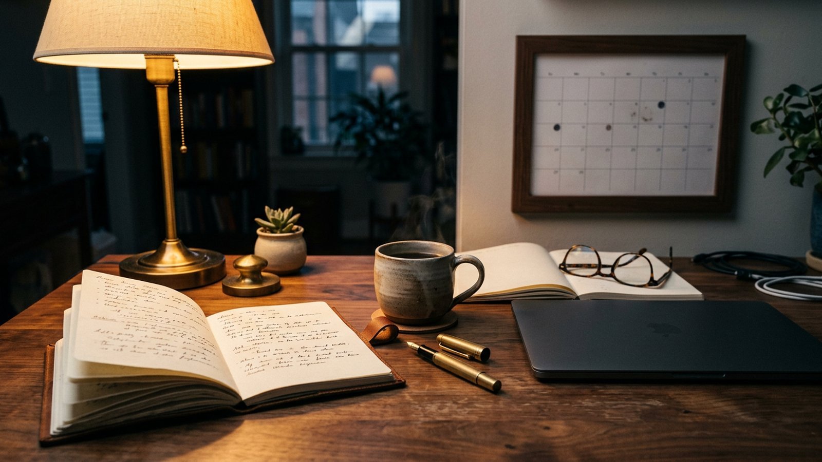 Conceptual still life of a working professional's evening desk: leather journal, fountain pen, coffee, a small calendar marked Sunday plan and Friday review, soft warm lamp light