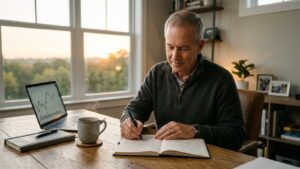 Calm investor reviewing a covered call mental framework journal at a sunlit home office desk