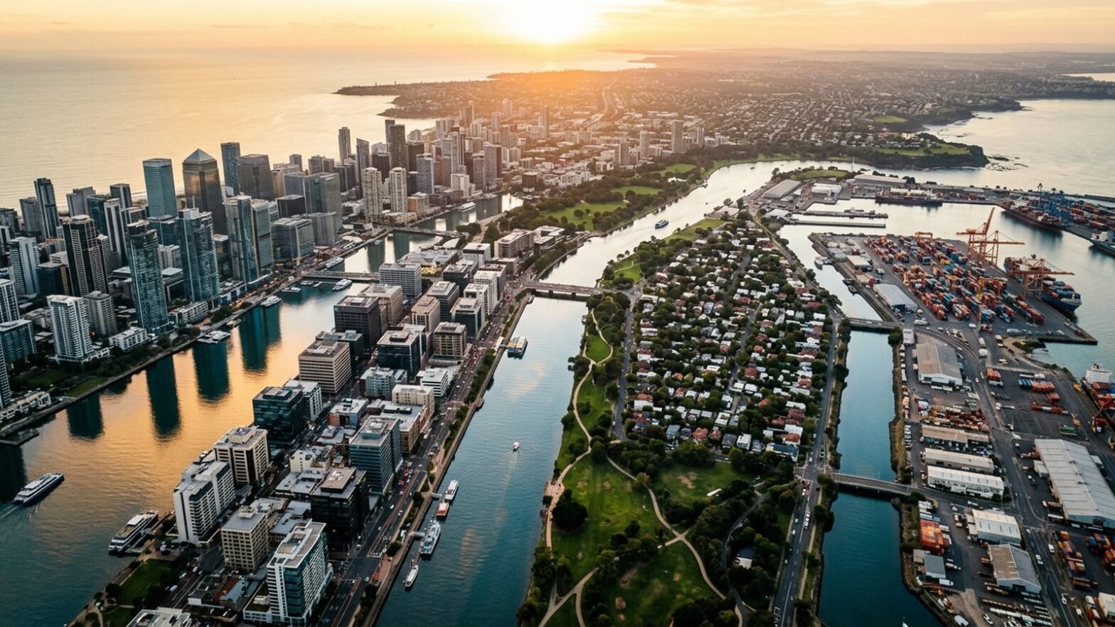 Aerial wide-angle view of a coastal financial district at dusk showing distinct neighborhoods representing different asset classes, used as a metaphor for covered call yield comparison