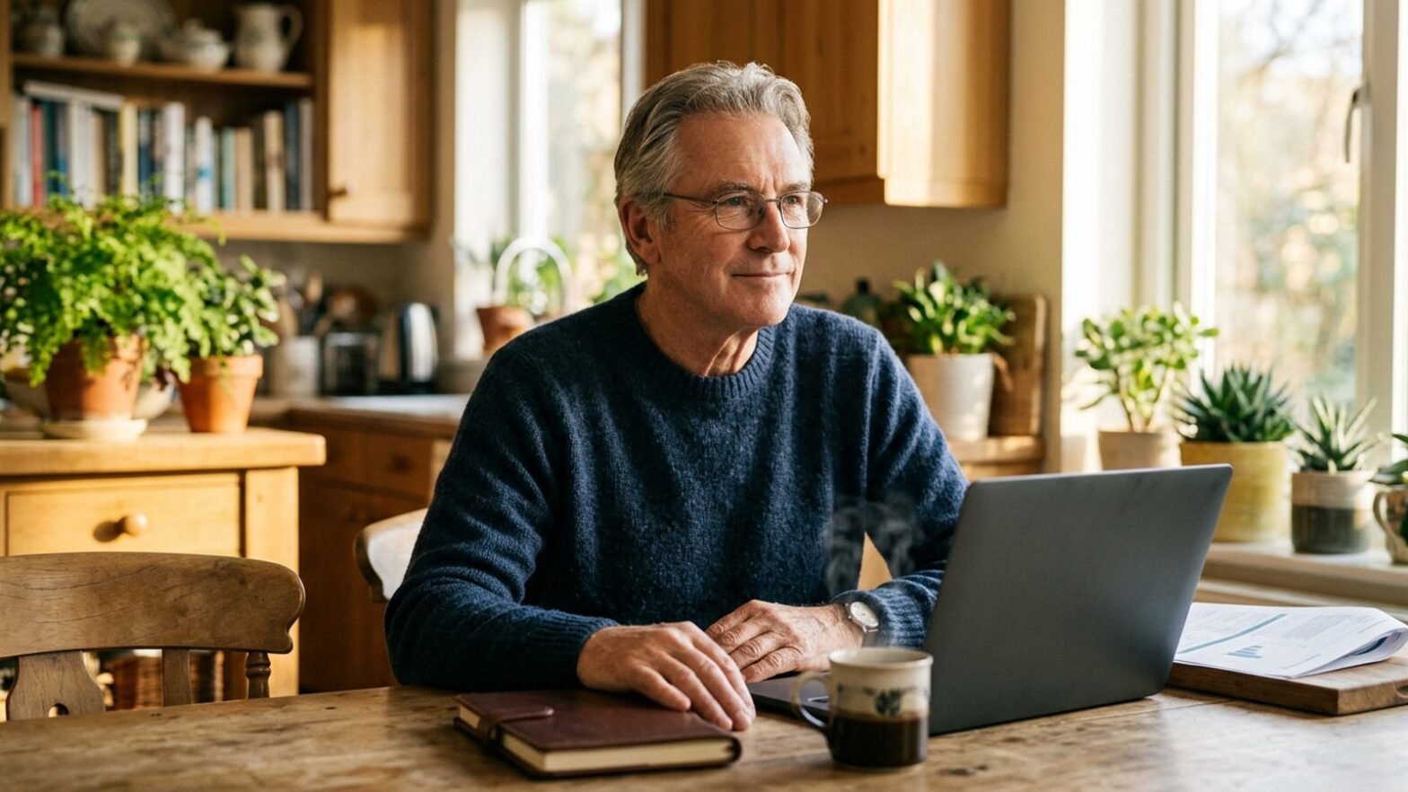 Confident retired investor in his late sixties at a sunlit kitchen table reviewing covered call positions and Social Security paperwork, calm and focused