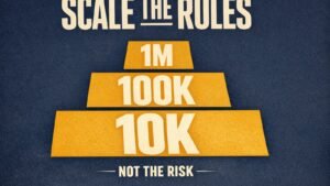Bold typographic concept featuring the phrase covered call scaling with three stacked tiers labeled 10K, 100K, and 1M, in a high-contrast editorial layout
