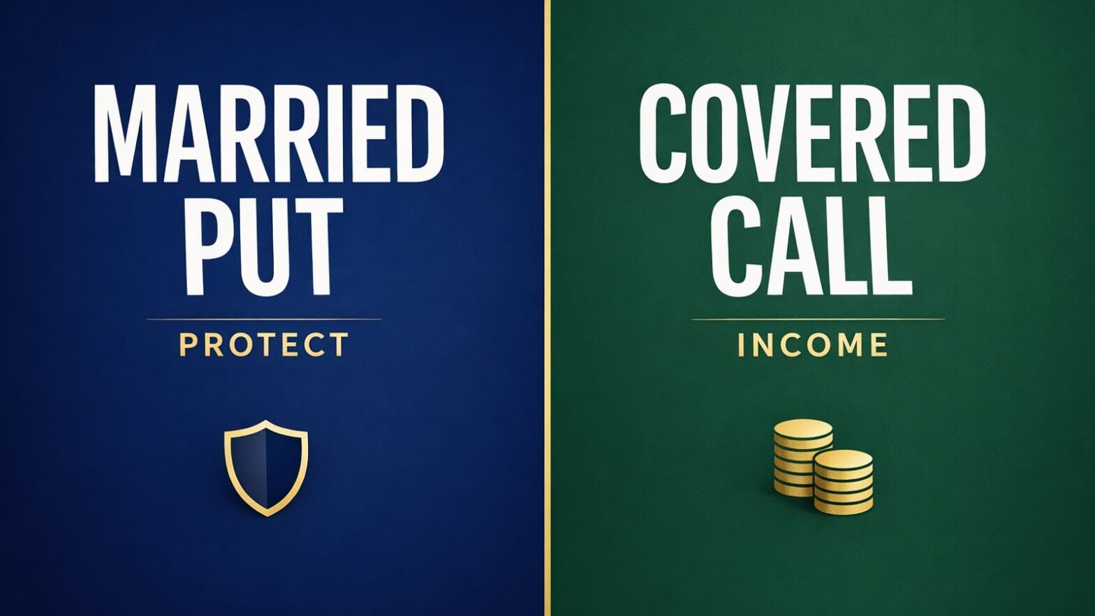 Bold typographic split-screen comparing married put protection and covered call income