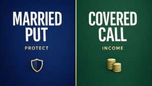 Bold typographic split-screen comparing married put protection and covered call income