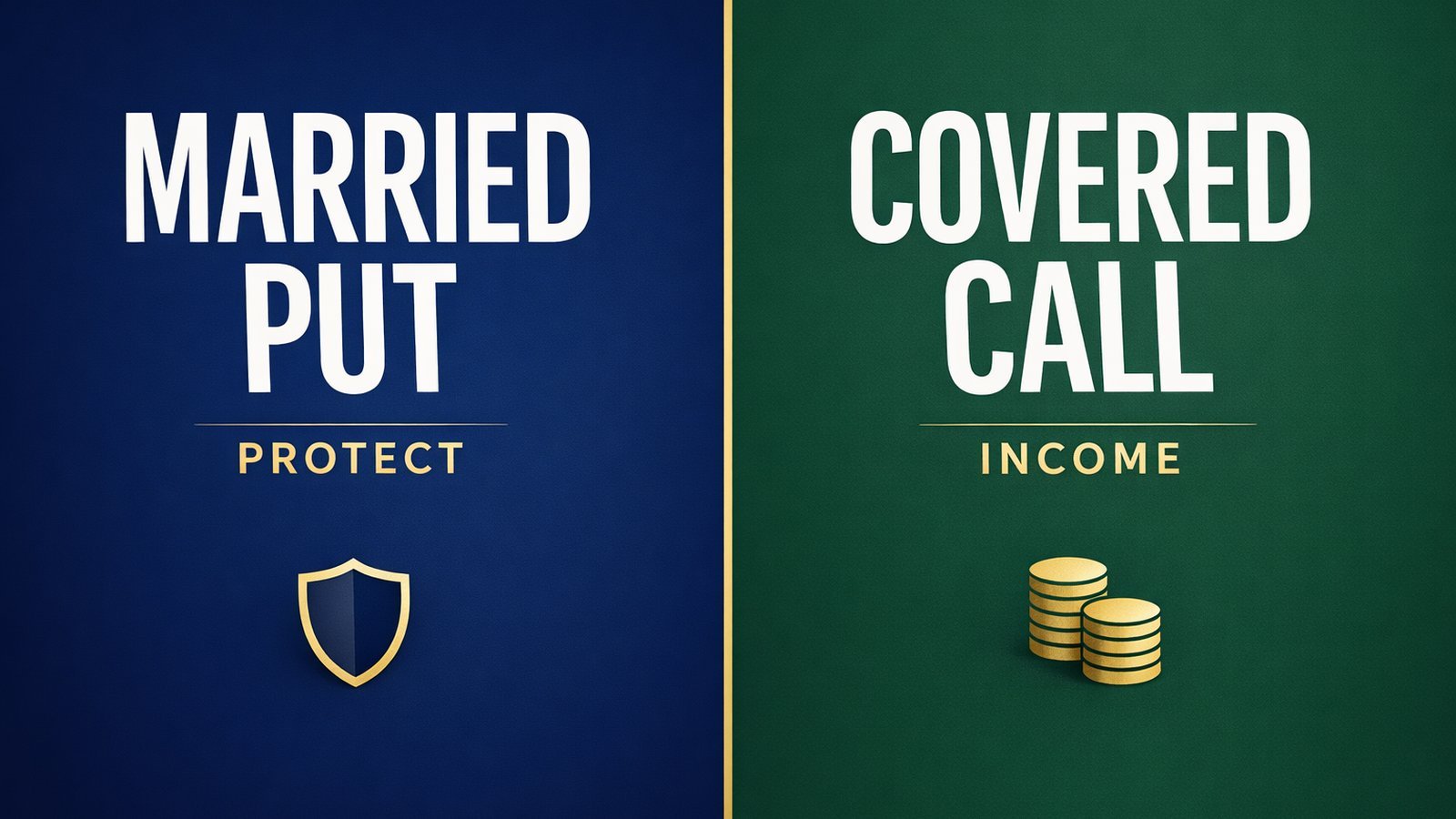 Bold typographic concept image showing married put versus covered call with a vertical split design