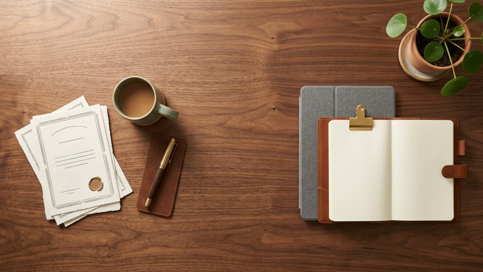 Aerial wide scene of two side-by-side financial dashboards on a clean wooden desk, one labeled with stock certificates and a coffee cup, the other with a tablet and a notebook, soft morning light, top-down editorial composition