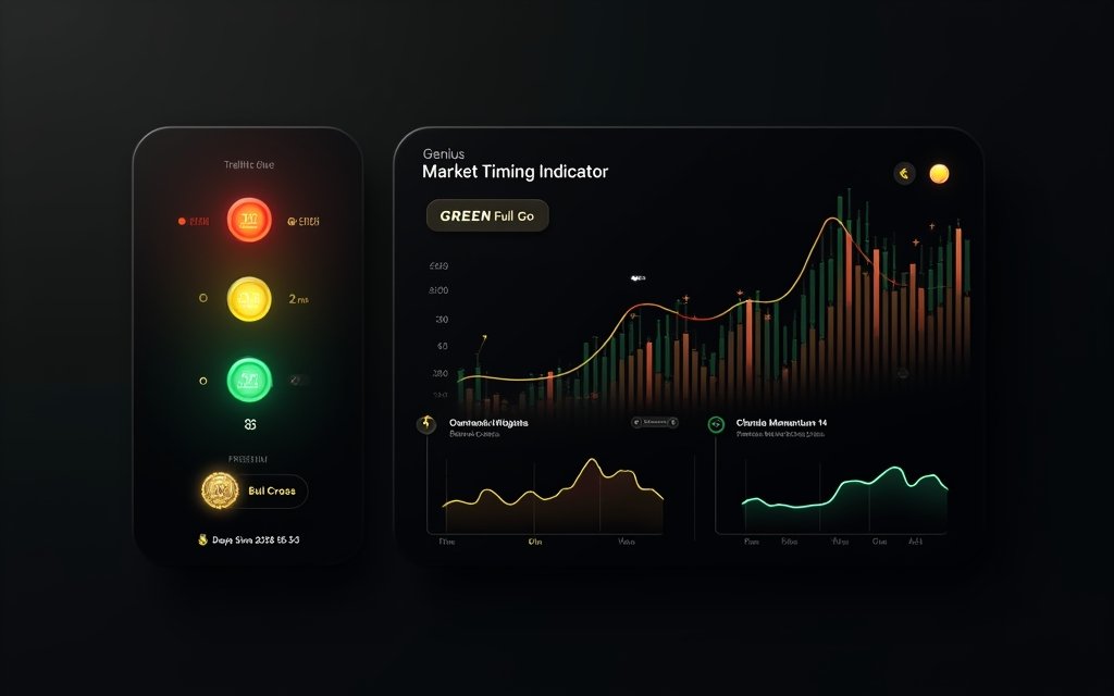 Genius Market Timing dashboard showing the 4-indicator traffic light system