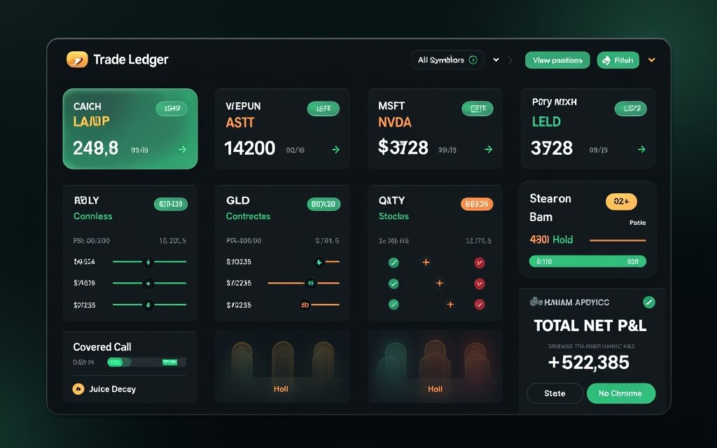 Trade Ledger Tiles view showing per-stock P&L summaries with live market value