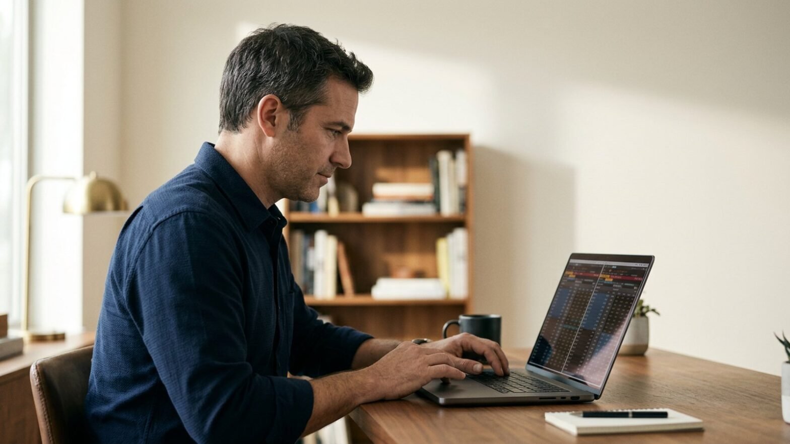 Professional portrait of a focused investor in their 40s at a clean modern desk reviewing two open options chains on a single laptop, soft window light, calm focused expression, neutral business-casual attire