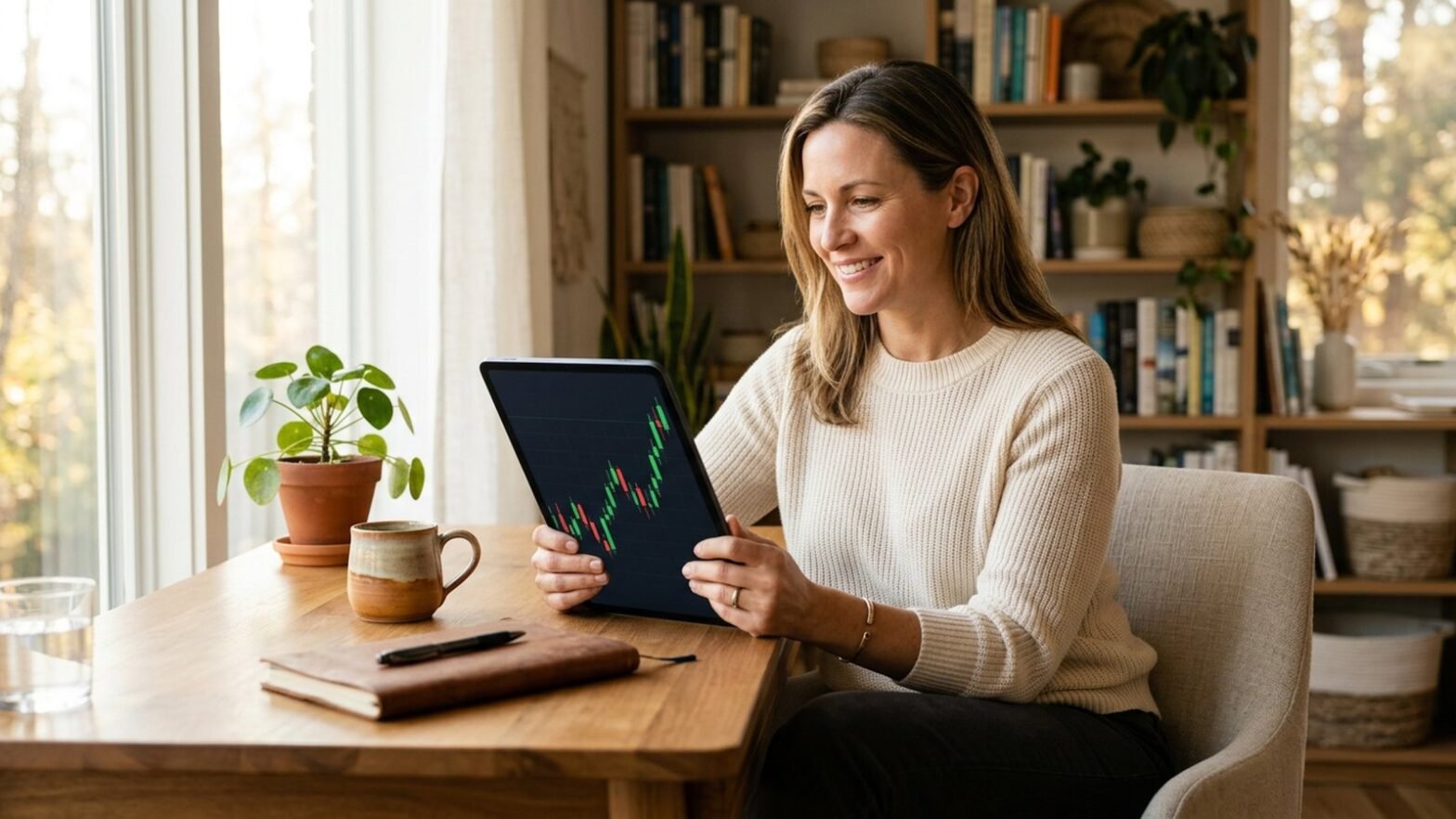Investor reviewing Amazon covered call trades on a tablet at a warm home office