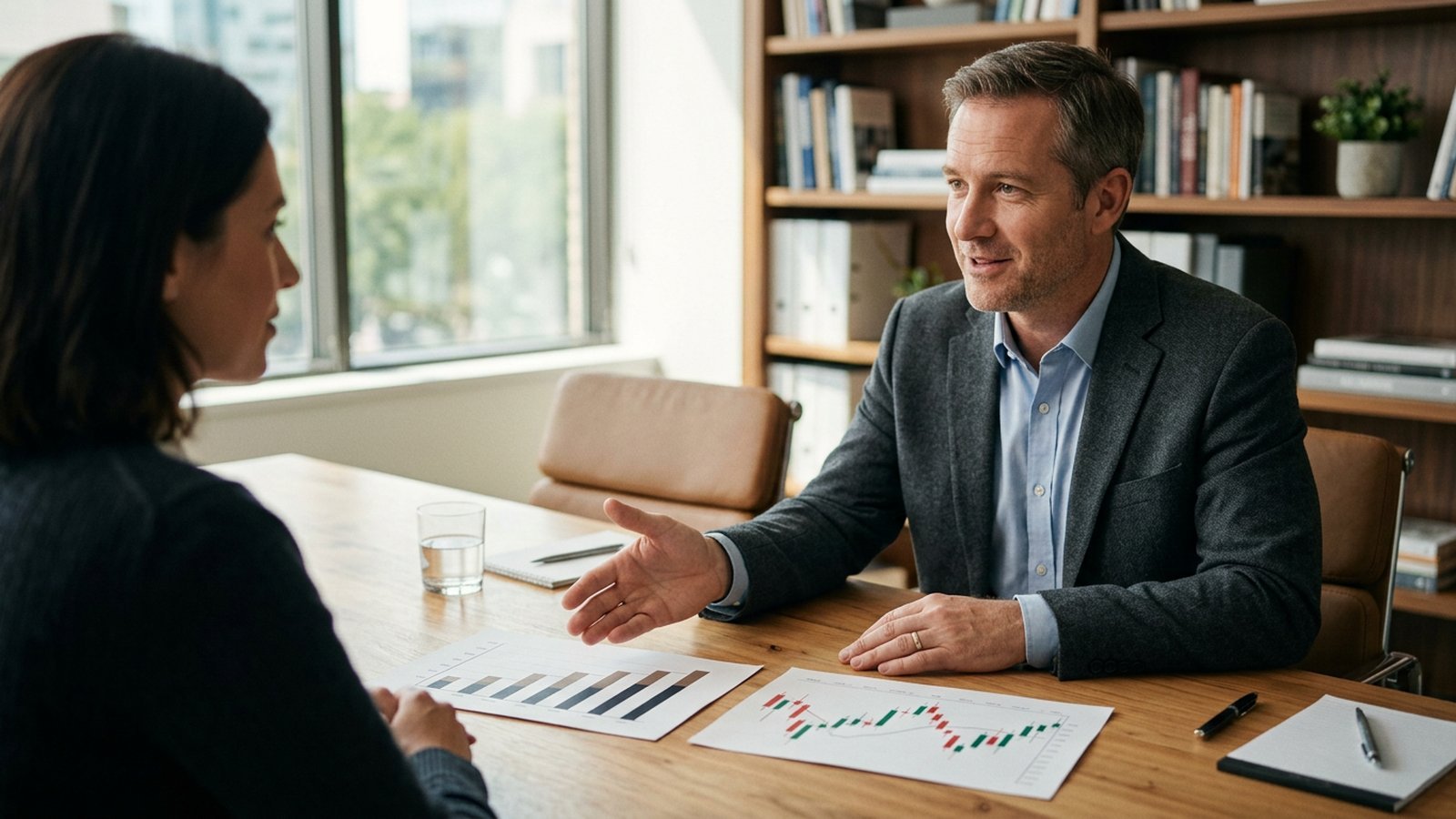 Professional financial advisor comparing bond ladder yields and covered call income at a client meeting